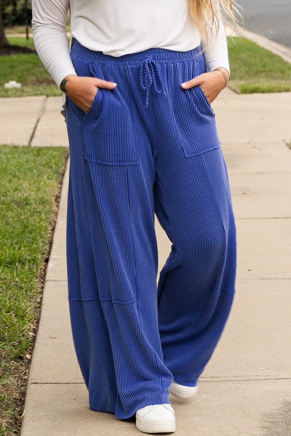 Sky Blue Corded Drawstring High Waist Pocket Plus Size Wide Leg Pants