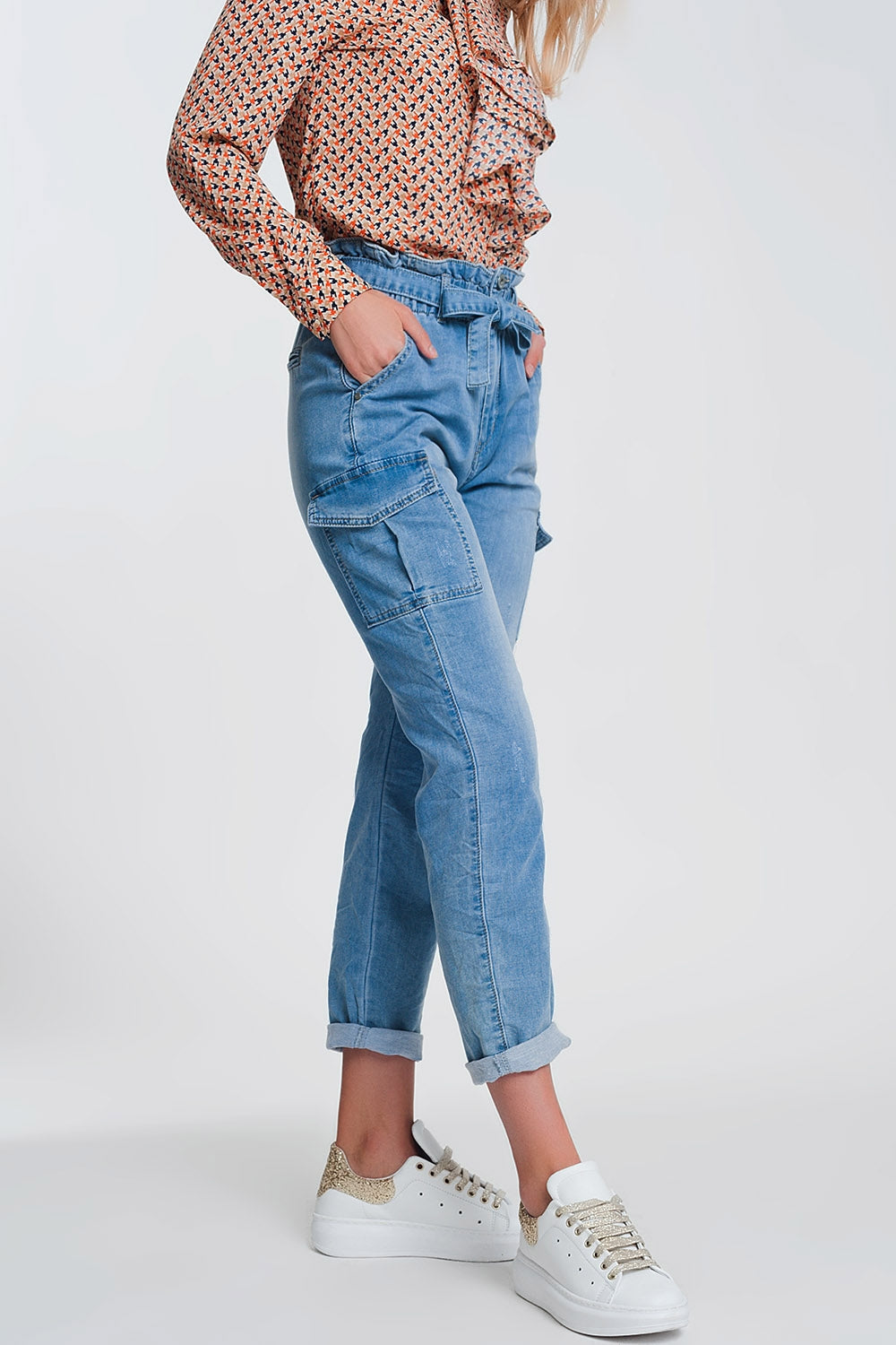 Paperbag Tie Waist Jeans in Light Blue